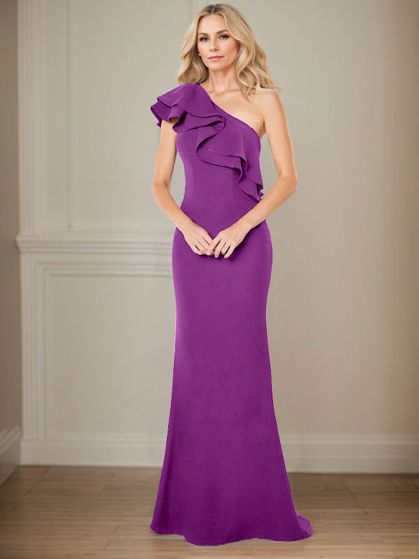 A-Linie One-Shoulder-Bodenlanges Chiffon-Kleid für die Brautmutter mit Rüschen 