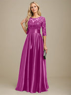 Vestido de madre de la novia de satén elástico con encaje, corte A, escote ilusión, largo hasta el suelo, con lazo y lentejuelas