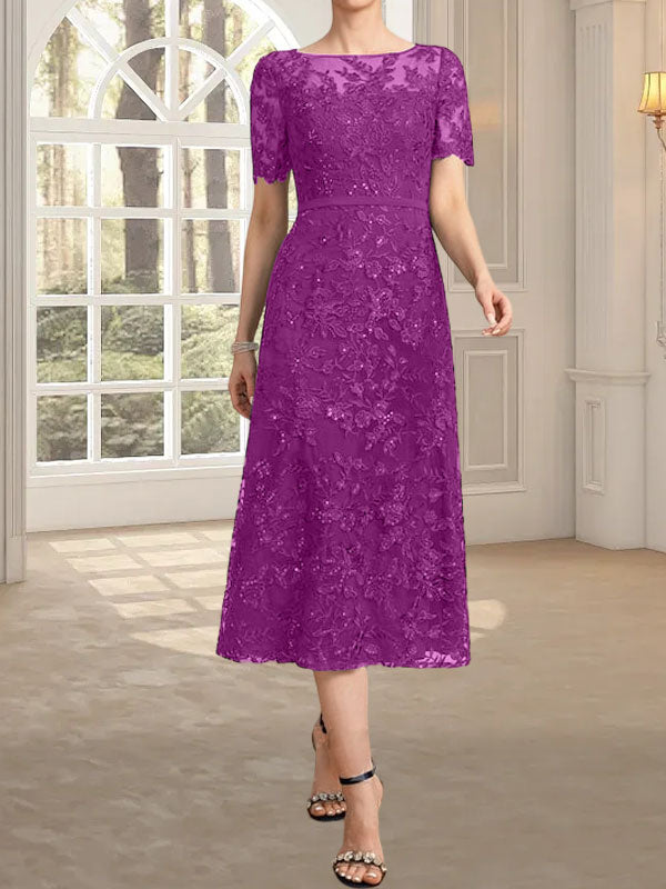 Vestido de madre de la novia de encaje con lentejuelas, corte A, escote ilusión y largo hasta la rodilla