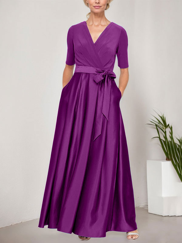 Vestido de gala con escote cruzado, falda de satén y corpiño de jersey