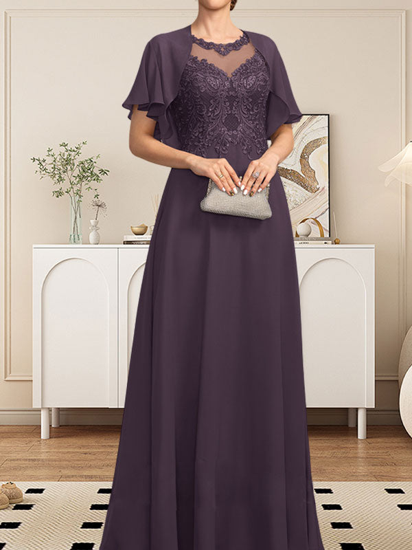 Vestido de gasa con encaje y lentejuelas para madre de la novia, corte A, escote ilusión, largo hasta el suelo