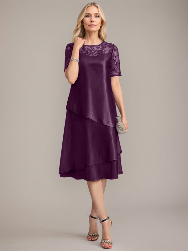 Vestido de madre de la novia con corte en A, escote redondo y largo hasta la rodilla, con apliques y lentejuelas