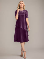 Vestido de madre de la novia con corte en A, escote redondo y largo hasta la rodilla, con apliques y lentejuelas