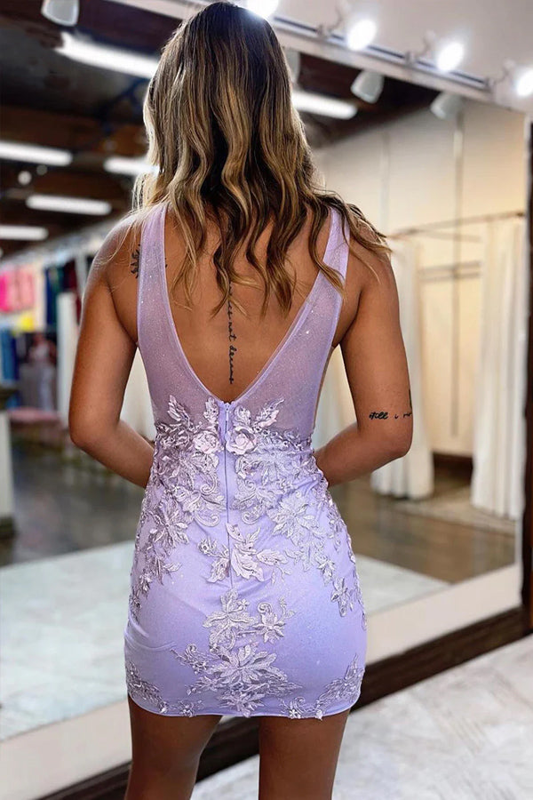 Vestido de fiesta con escote en V pronunciado, tirantes lavanda, apliques ilusión, PD470