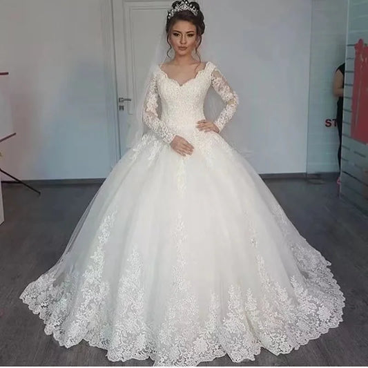 Plus Size Ball Gown Long Sleeve Vintage Wedding Dress 2021 Elegant Lace Appliques vestido De Noiva Custom Made Bride Bridal-payinti
