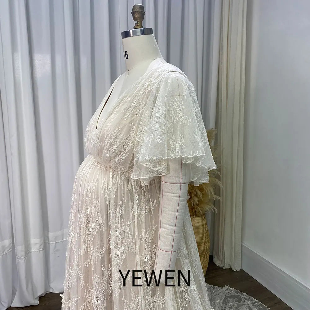 Plus Size Lace Vintage Boho Maternity Photoshoot Dress Gown for Pregnancy Shoot Long Gown for Maternity Shoot Sunnderly SY240093
