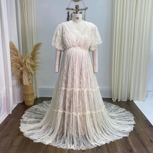 Plus Size Lace Vintage Boho Maternity Photoshoot Dress Gown for Pregnancy Shoot Long Gown for Maternity Shoot Sunnderly SY240093