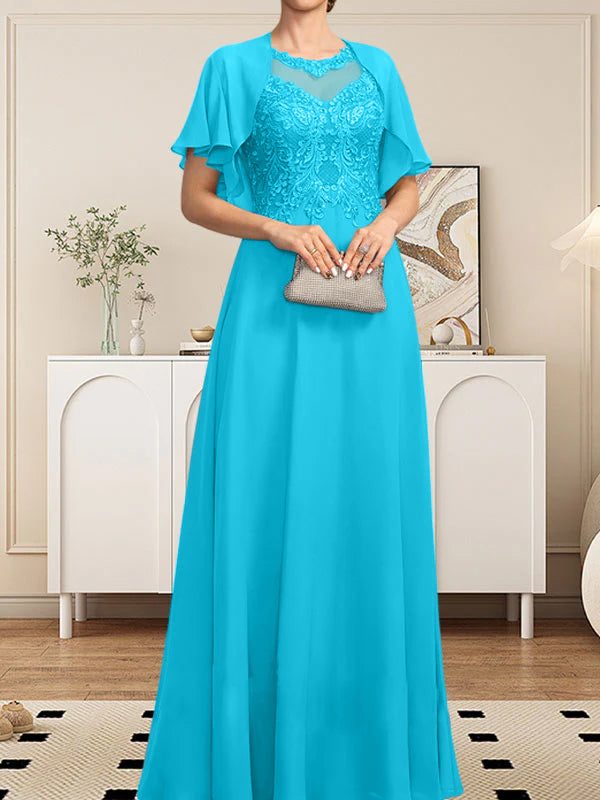 Vestido de gasa con encaje y lentejuelas para madre de la novia, corte A, escote ilusión, largo hasta el suelo