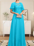 Vestido de gasa con encaje y lentejuelas para madre de la novia, corte A, escote ilusión, largo hasta el suelo