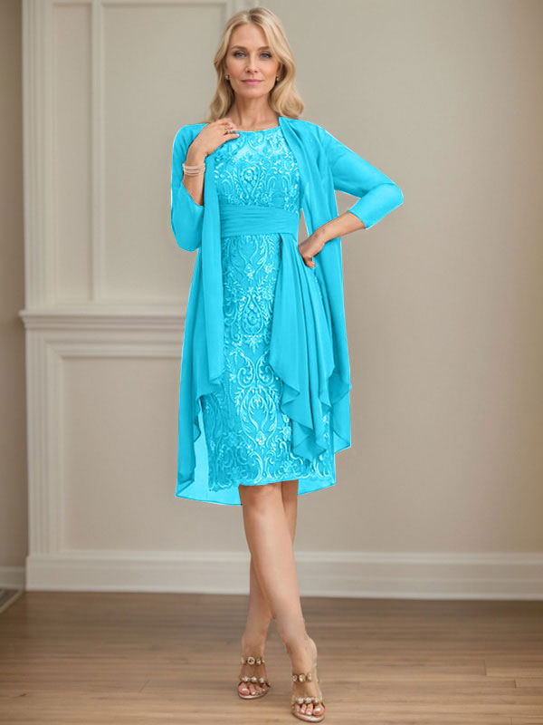 Vestido de madre de la novia de gasa con encaje, escote redondo, ilusión, largo hasta la rodilla, con volantes en cascada y lentejuelas
