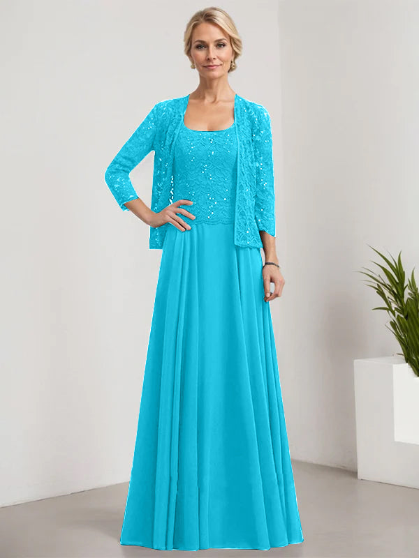 Vestido de madre de la novia de gasa con encaje, corte A, largo hasta el suelo, cuadrado y lentejuelas