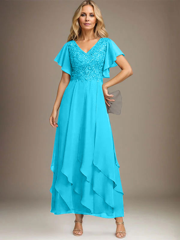 Vestido de gasa con encaje y escote en V hasta los tobillos para madre de la novia con volantes en cascada