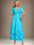 Vestido de gasa con encaje y escote en V hasta los tobillos para madre de la novia con volantes en cascada