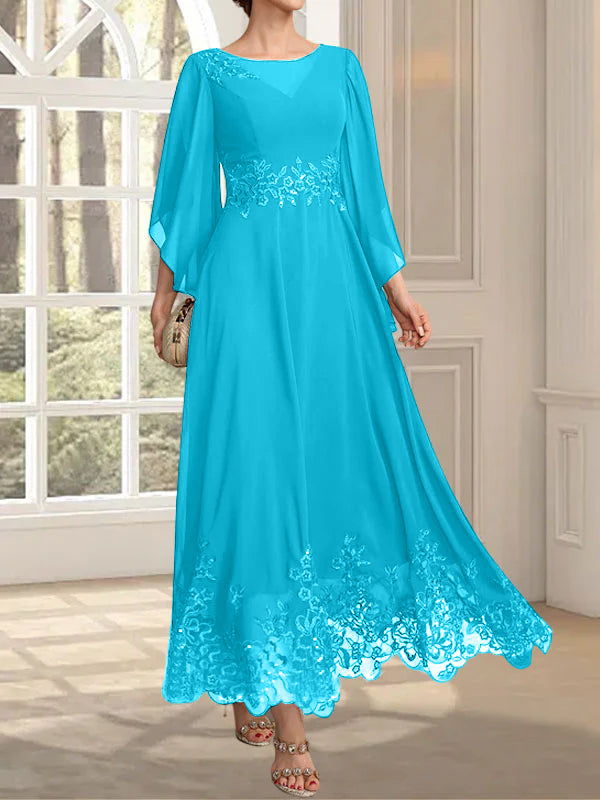 Vestido de gasa con encaje y lentejuelas para madre de la novia, corte A, escote ilusión, largo hasta los tobillos