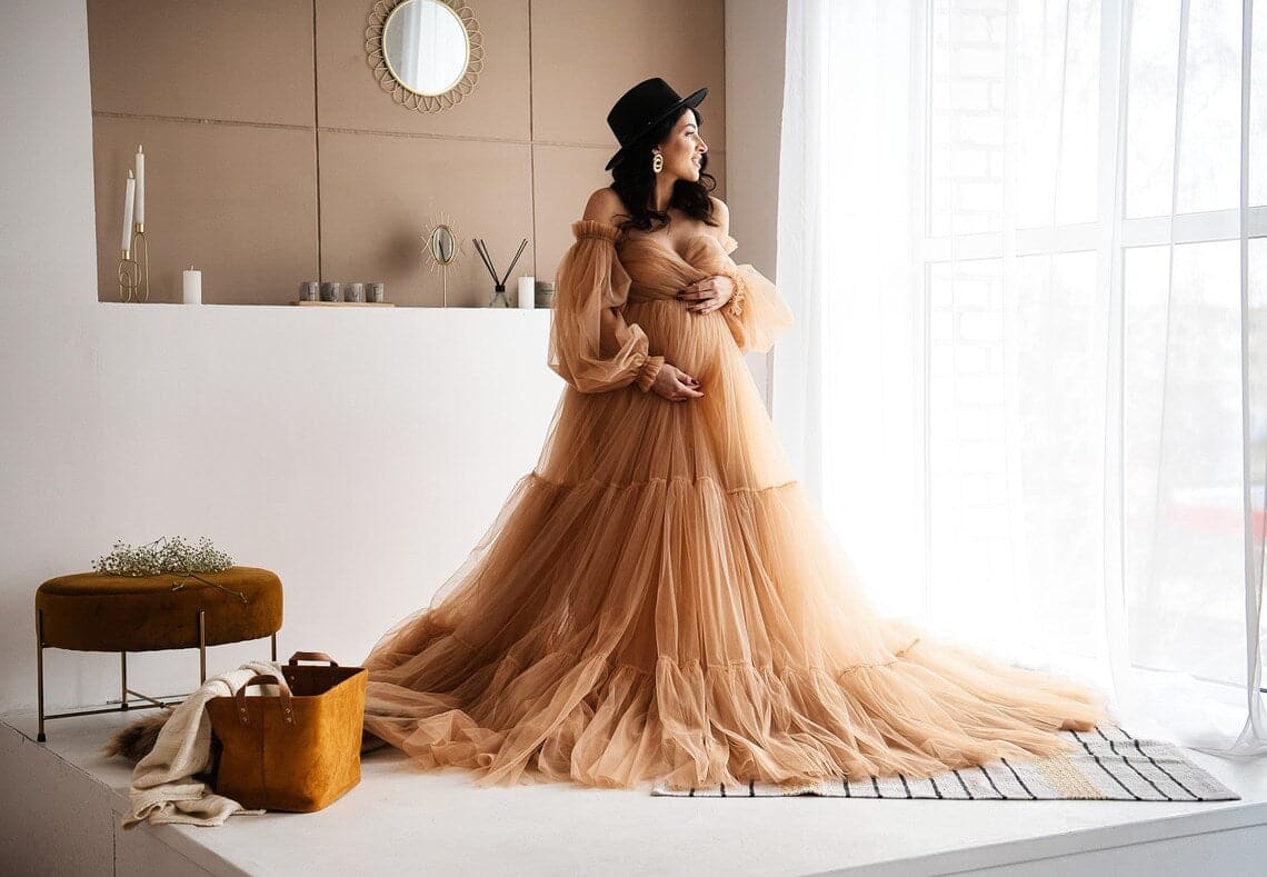 Beige tulle dress pregnant evening dress SY001