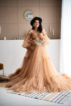 Beige tulle dress pregnant evening dress SY001