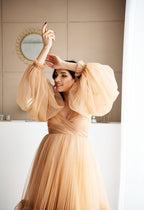 Beige tulle dress pregnant evening dress SY001