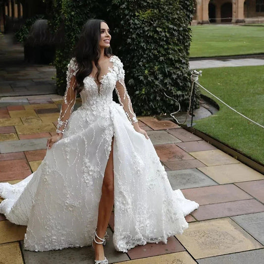 Pretty Gorgeous Long Sleeved Fluffy Beautiful High Fork Wedding Dresses Bridal V-Neck Appliques Bride Gown Beach Custom Made-payinti
