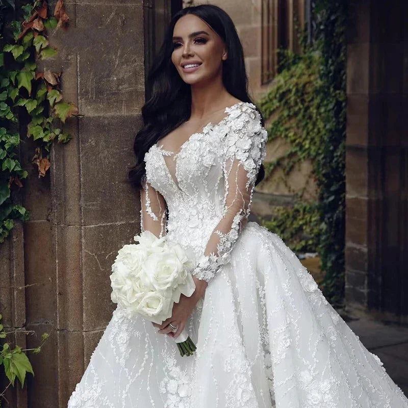 Pretty Gorgeous Long Sleeved Fluffy Beautiful High Fork Wedding Dresses Bridal V-Neck Appliques Bride Gown Beach Custom Made-payinti
