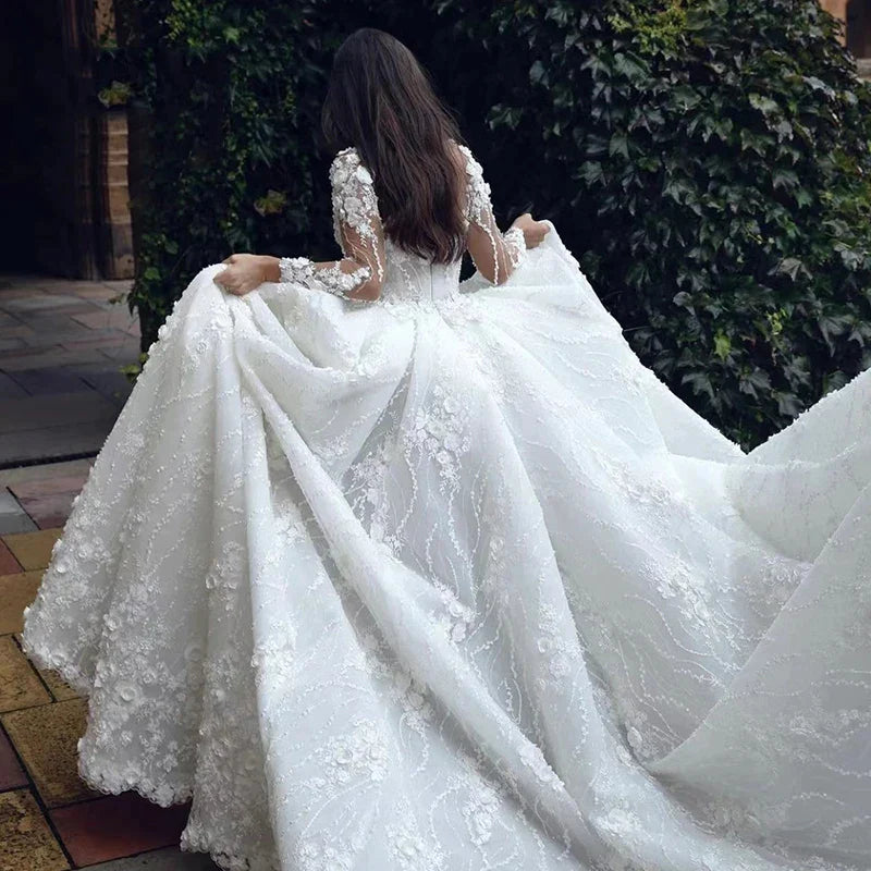 Pretty Gorgeous Long Sleeved Fluffy Beautiful High Fork Wedding Dresses Bridal V-Neck Appliques Bride Gown Beach Custom Made-payinti
