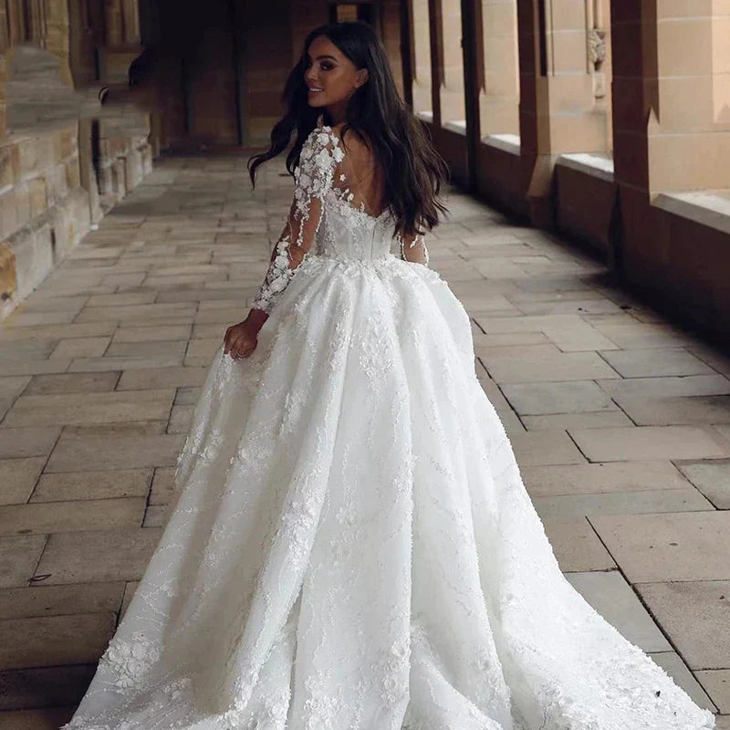 Pretty Gorgeous Long Sleeved Fluffy Beautiful High Fork Wedding Dresses Bridal V-Neck Appliques Bride Gown Beach Custom Made-payinti