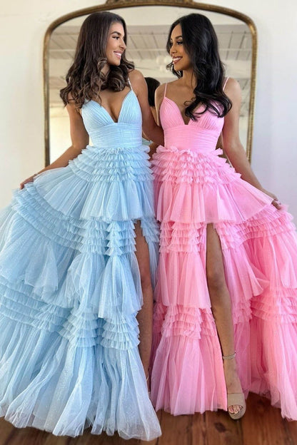 Amanda | Robe de bal longue en tulle à bretelles spaghetti et coupe trapèze avec fente
