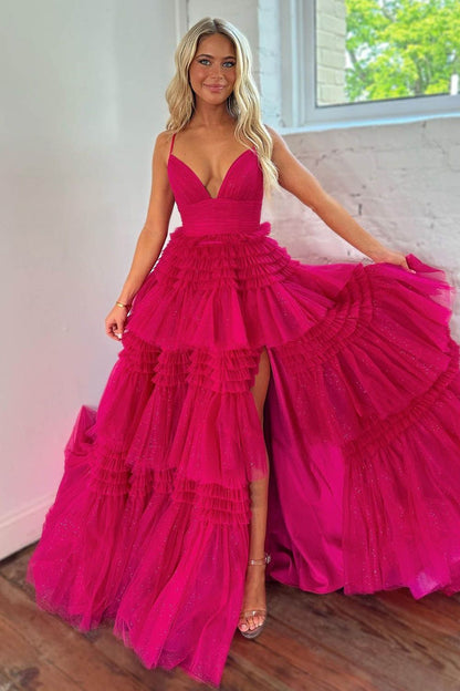 Amanda | Robe de bal longue en tulle à bretelles spaghetti et coupe trapèze avec fente