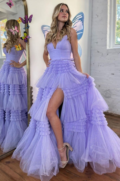 Amanda | Robe de bal longue en tulle à bretelles spaghetti et coupe trapèze avec fente