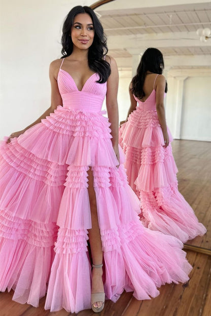Amanda | Robe de bal longue en tulle à bretelles spaghetti et coupe trapèze avec fente