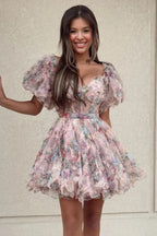 Hübsches A-Linien-Prinzessin-Heimkehrkleid mit Puffärmeln in Fuchsie, PD532