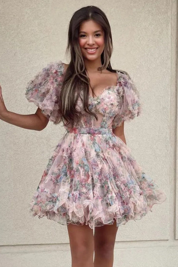 Hübsches A-Linien-Prinzessin-Heimkehrkleid mit Puffärmeln in Fuchsie, PD532