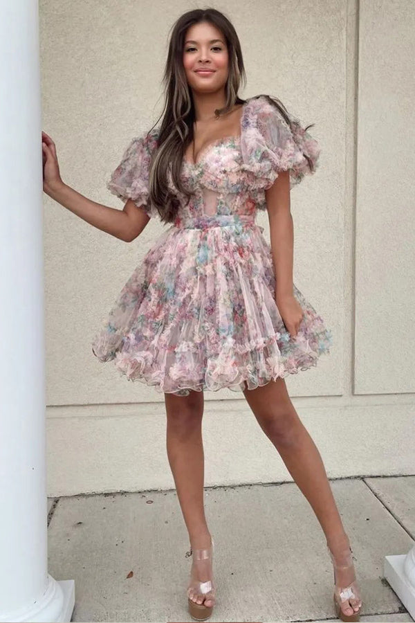 Hübsches A-Linien-Prinzessin-Heimkehrkleid mit Puffärmeln in Fuchsie, PD532
