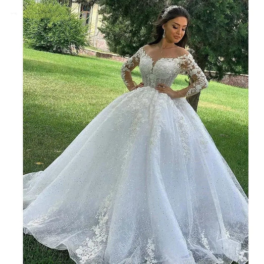 Princess Ball Gown Wedding Dresses 2023 O Neck Long Sleeves Vestido Casamento Lace Up Appliqus Beaded Bride Gowns Suknie Slubne-payinti