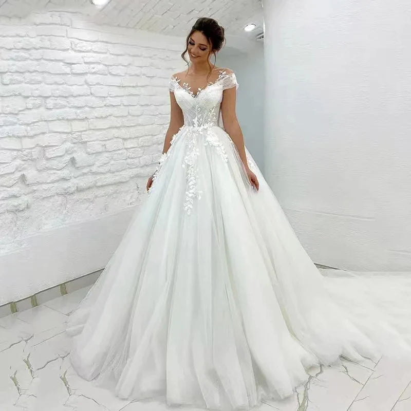 Princess Lace Tulle A Line Wedding Dress Sweetheart Cap Sleeve 3D Appliques Boho Bridal Gowns For Woman Button Vestidos De Novia-payinti