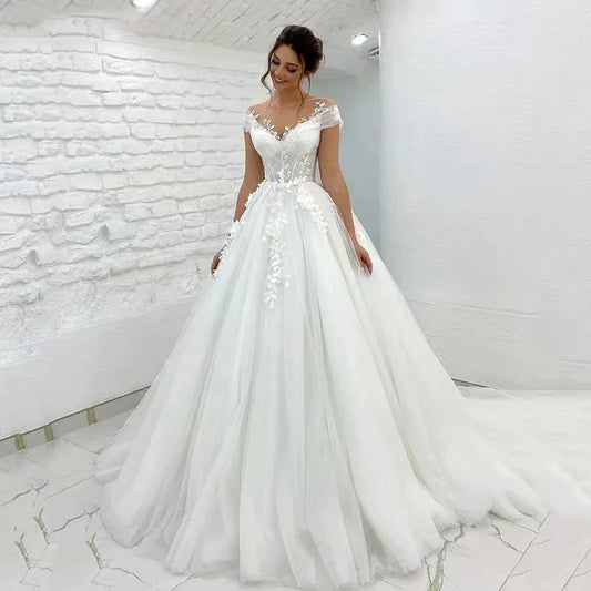 Princess Lace Tulle A Line Wedding Dress Sweetheart Cap Sleeve 3D Appliques Boho Bridal Gowns For Woman Button Vestidos De Novia-payinti