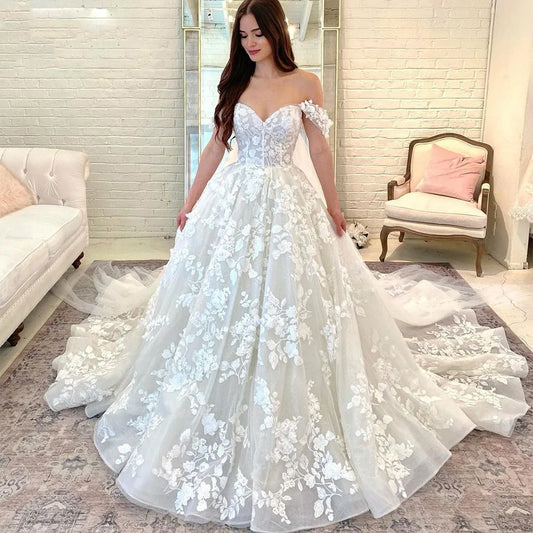 Princess Wedding Dresses For Elegant Women Off the Shoulder Sweetheart Lace Appliques Bridal Gown Ball Gown vestido de noiva-payinti