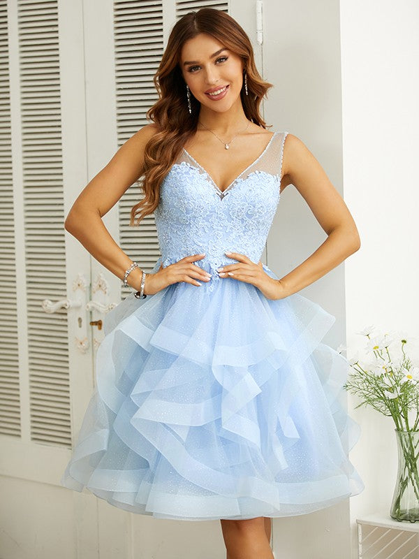 Vestidos con escote en V y apliques hasta la rodilla SYH58 