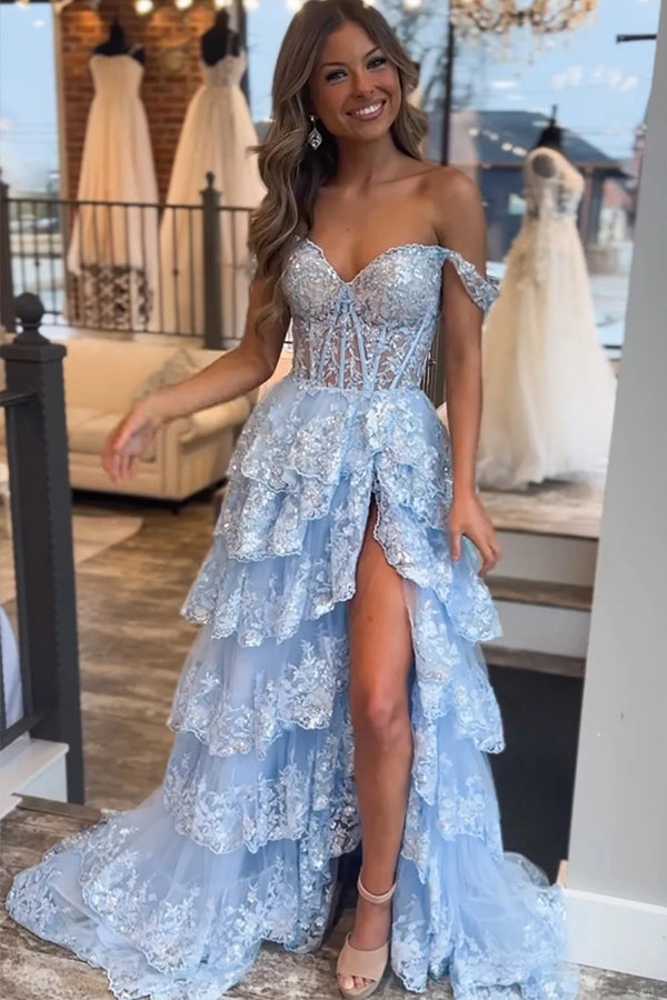 Atemberaubendes blaues Ballkleid im Prinzessinnen-Stil mit Spitzenrüschen PSK516