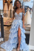 Atemberaubendes blaues Ballkleid im Prinzessinnen-Stil mit Spitzenrüschen PSK516