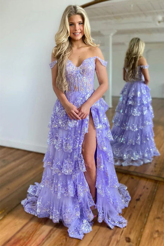 Superbe robe de bal de princesse violette à volants en dentelle PSK517