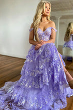 Impresionante vestido de fiesta morado de princesa con volantes de encaje y capas PSK517