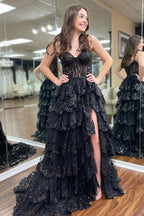 Impresionante vestido de fiesta morado de princesa con volantes de encaje y capas PSK517