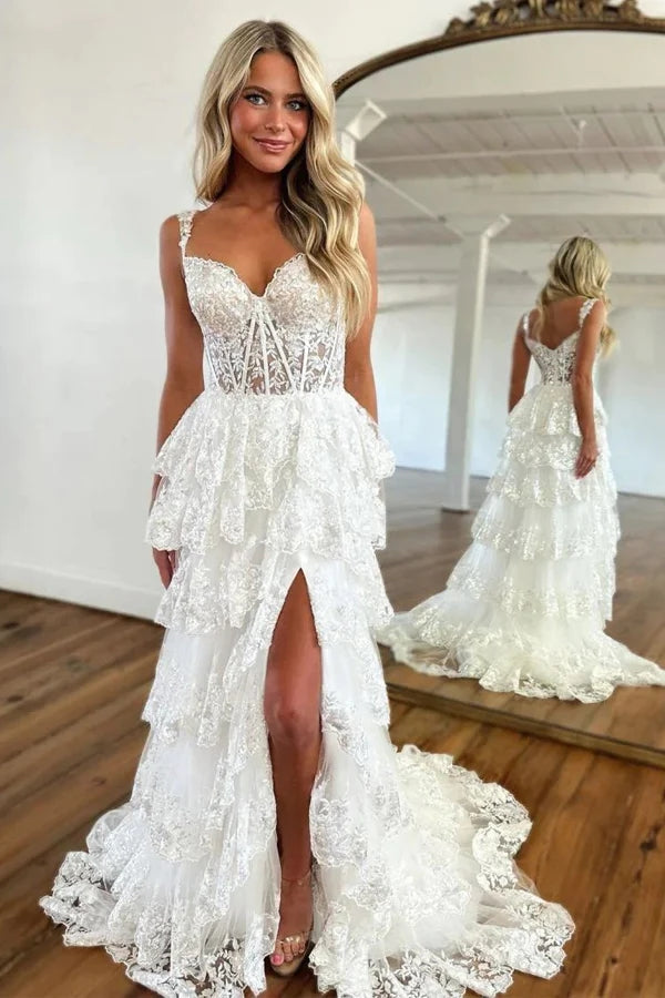 Impresionante vestido de fiesta morado de princesa con volantes de encaje y capas PSK517