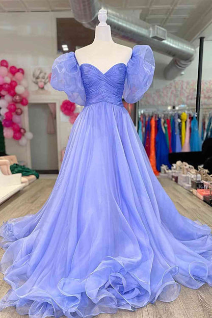 Lavendelfarbenes Puffärmel-Ballkleid mit Plissee SYP152