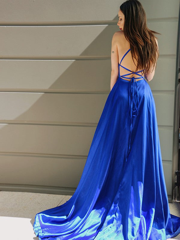 Satin Prom Dress | yellow prom dress | slit in prom dress SYP127