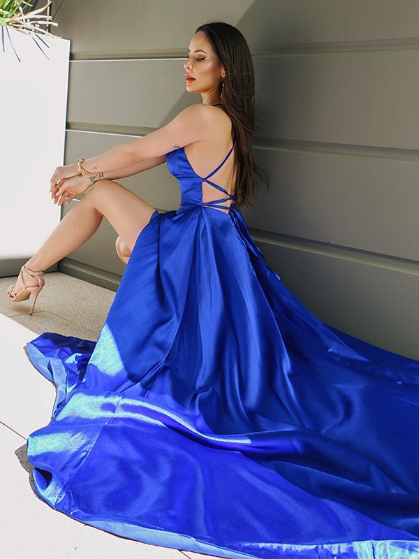Satin Prom Dress | yellow prom dress | slit in prom dress SYP127