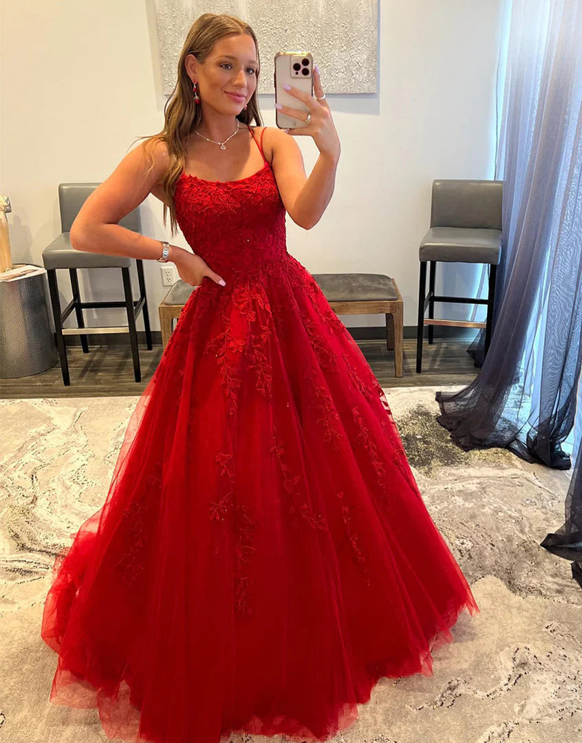 Spaghetti Straps Tulle Sweep Train Dresses SYP125