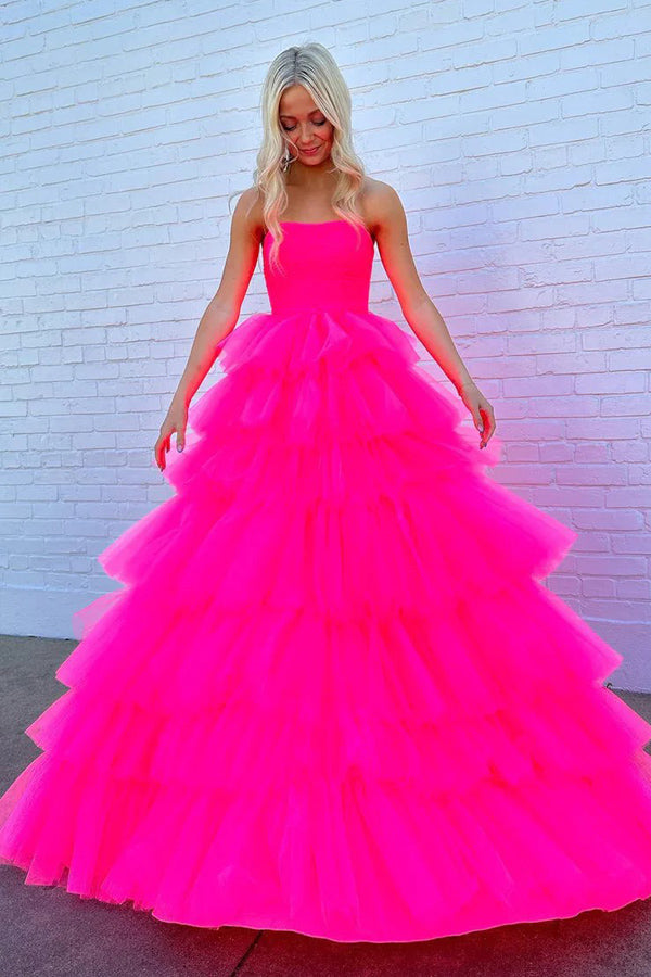 Prinzessin trägerloses, gestuftes Tüll-Langballkleid in Pink PSK603