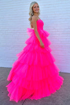 Prinzessin trägerloses, gestuftes Tüll-Langballkleid in Pink PSK603