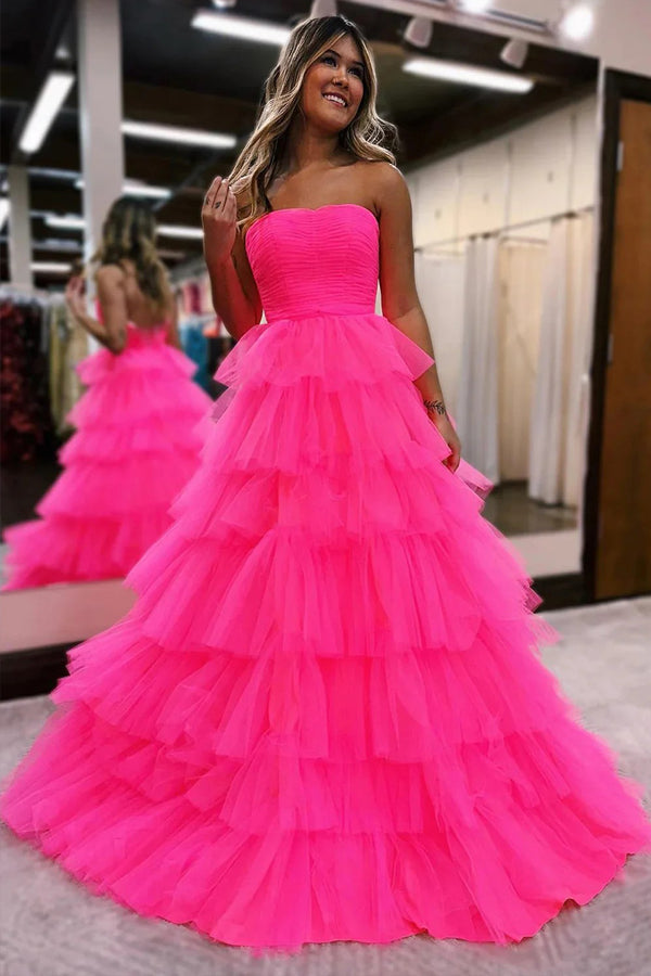 Prinzessin trägerloses, gestuftes Tüll-Langballkleid in Pink PSK603